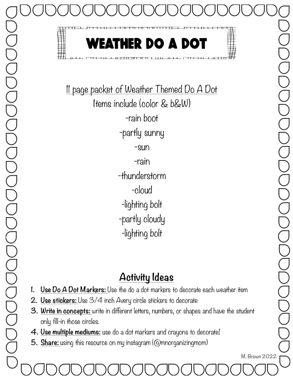 Weather dot art title page listing rain boot, sun, rain, cloud, thunderstorm and lightning bolt pages plus 5 activity ideas