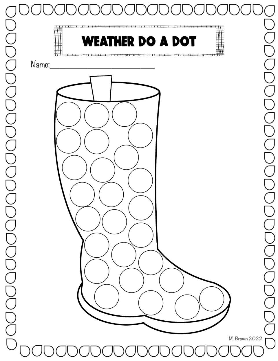 Rain boot dot art: students fill each circle on a tall rain boot with dot markers or circle stickers to decorate it