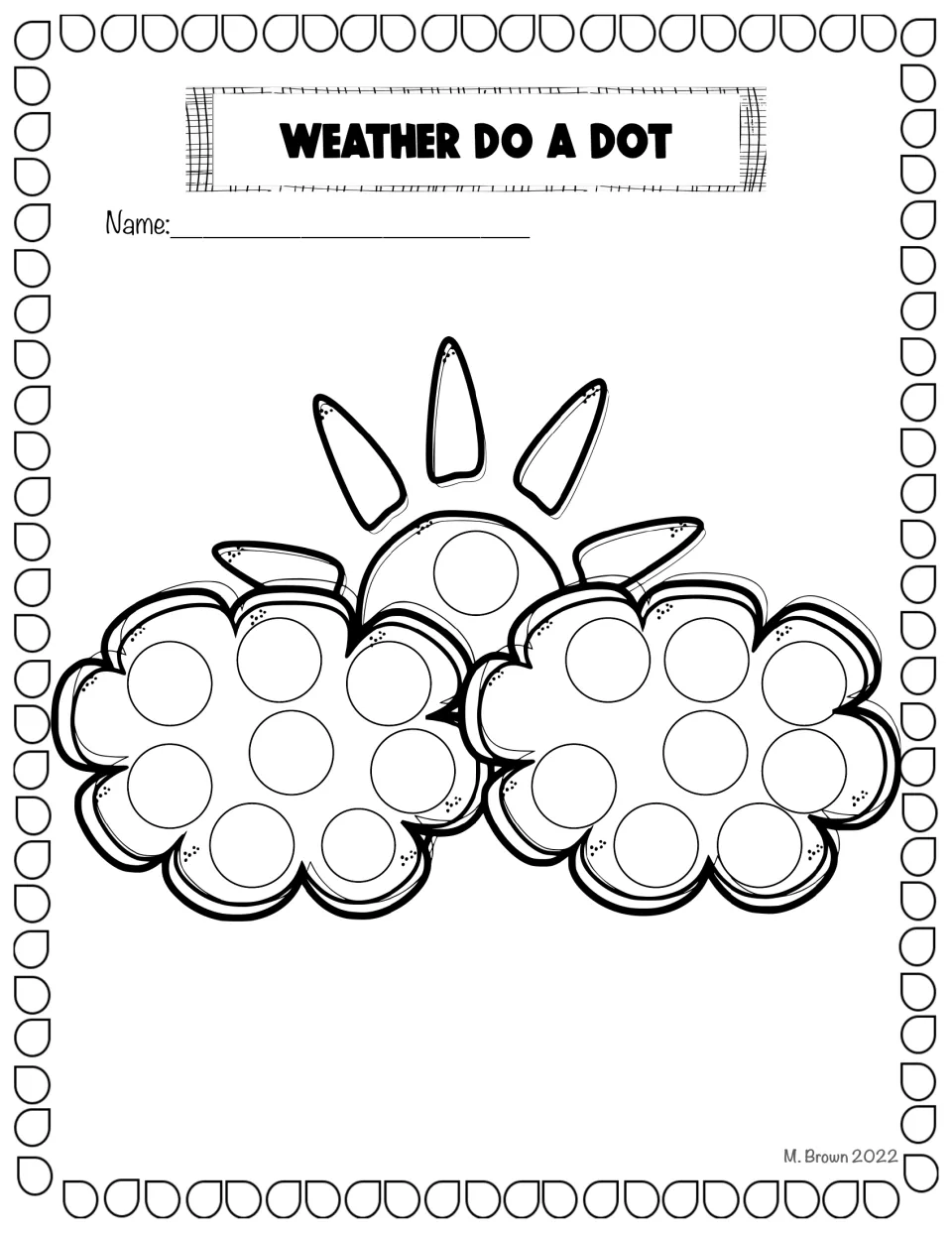 Partly sunny dot art: a sun peeks over two puffy clouds, and students dab a dot in every circle across the clouds and sun