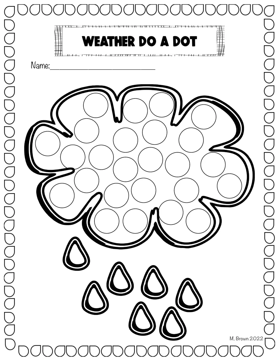 Rain dot art: students stamp the many circles inside a rain cloud, with seven raindrops falling below it