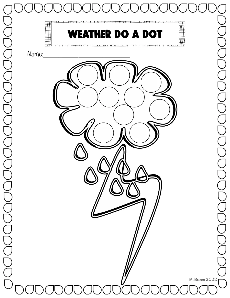 Thunderstorm dot art: a storm cloud with circles to dot sits above falling raindrops and a long zigzag lightning bolt