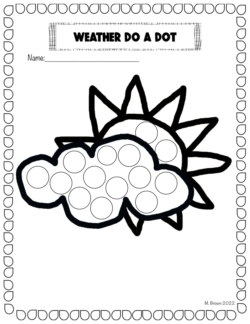 Partly cloudy dot art: a fluffy cloud covers most of a spiky sun, and students fill the circles in both the cloud and sun
