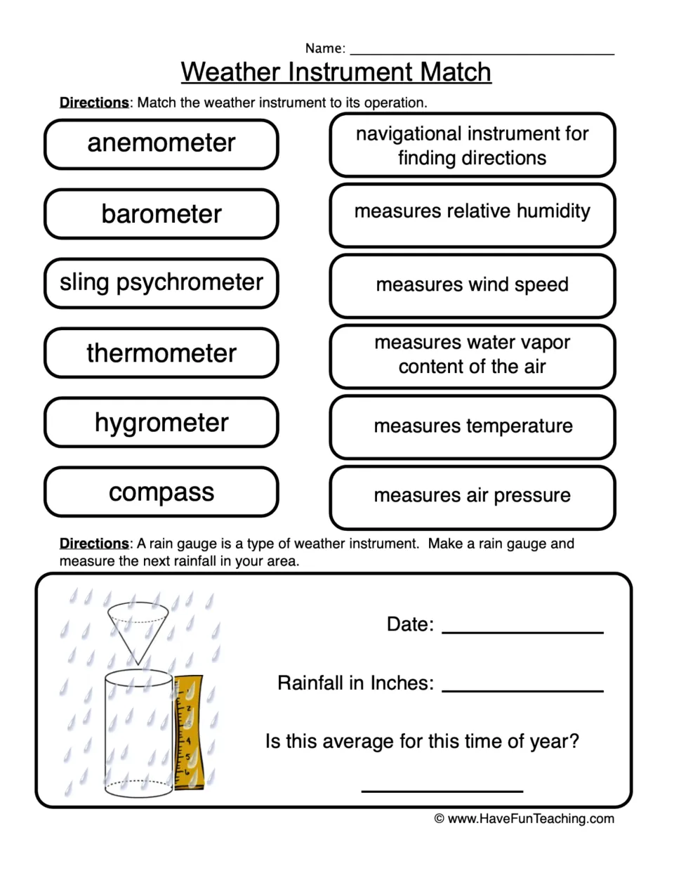 Weather instruments: students match six instruments, such as anemometer and barometer, to what each measures