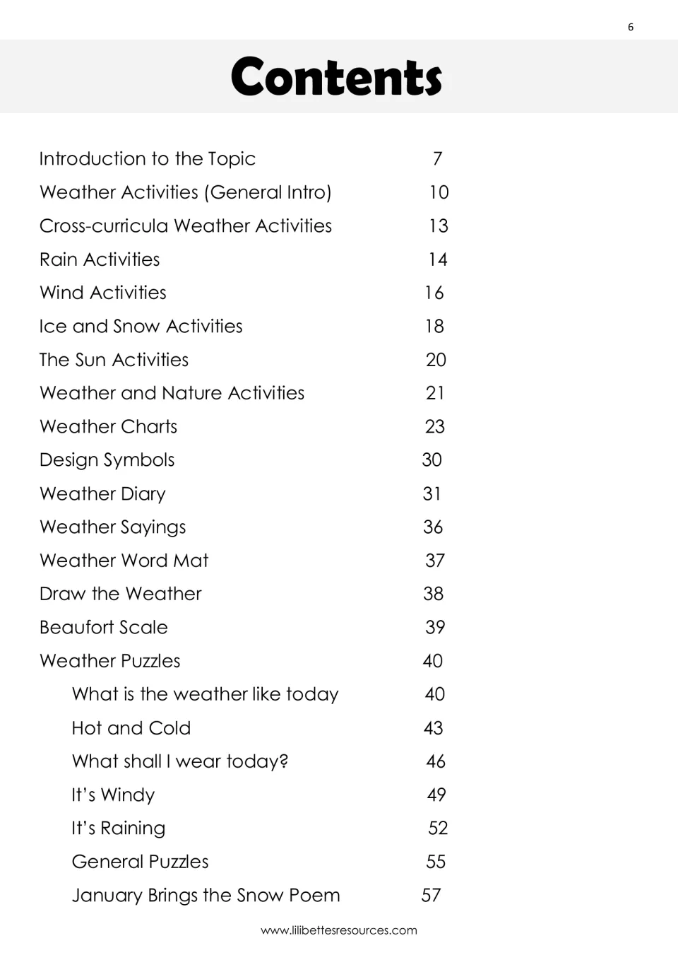 Contents list of the pack: rain, wind, ice and snow, and sun activities, weather charts, diary, Beaufort scale and puzzles