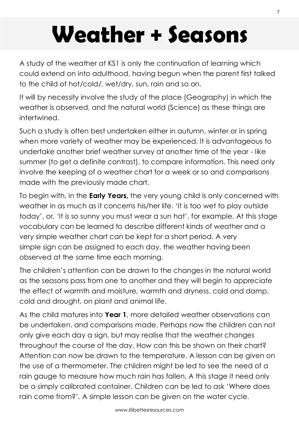 Weather + Seasons teacher notes: how weather study builds from Early Years vocabulary and charts to Year 1 thermometers