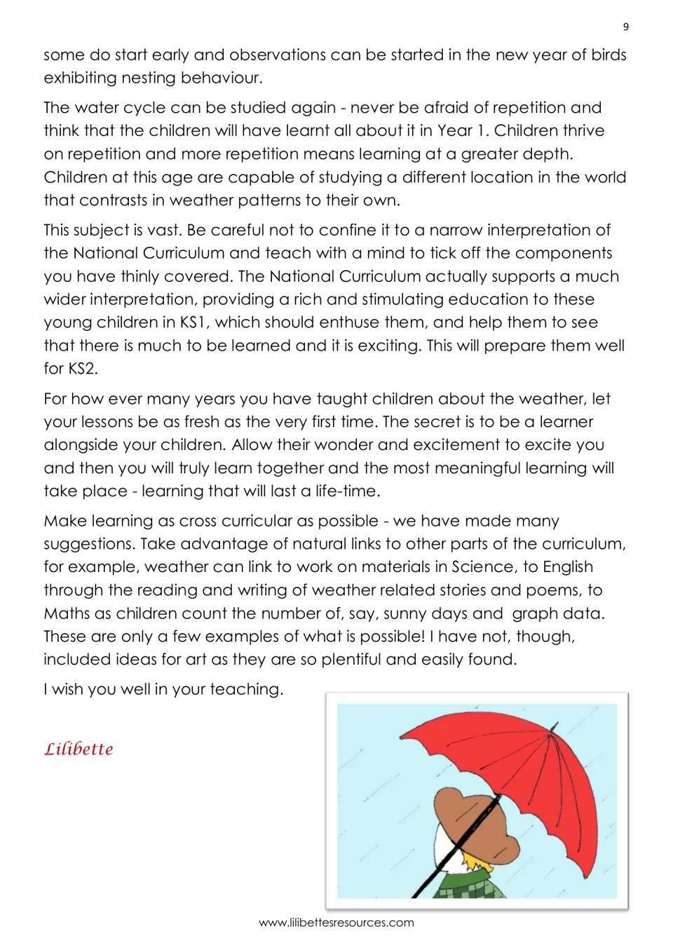 End of the introduction: revisiting the water cycle, cross-curricular links to English and maths, signed Lilibette