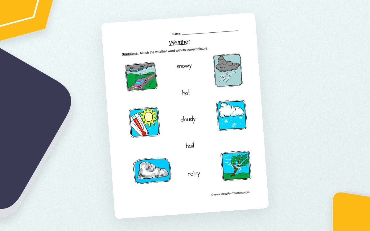 Weather matching worksheet with six illustrated conditions and labels including snowy, hot, cloudy, hail and rainy.