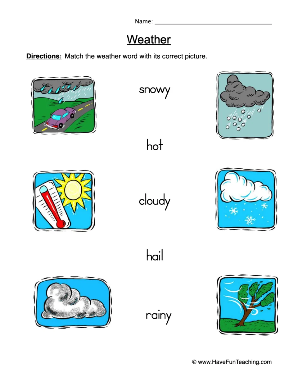 Weather vocabulary matching: students match the words snowy, hot, cloudy, hail and rainy to six weather pictures