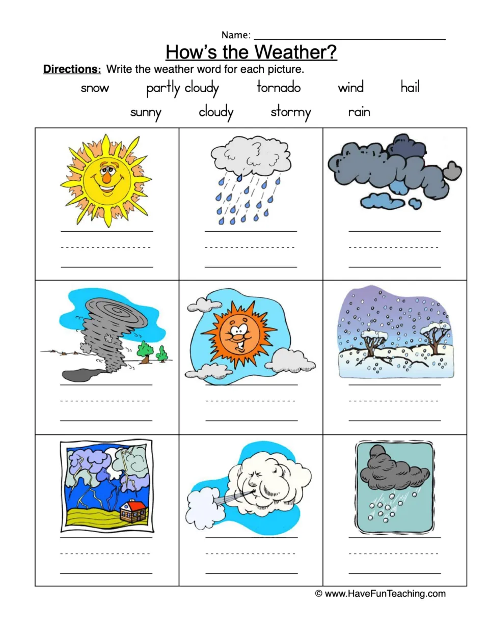 How's the Weather? vocabulary: students label 9 weather pictures, such as tornado and hail, using the word bank