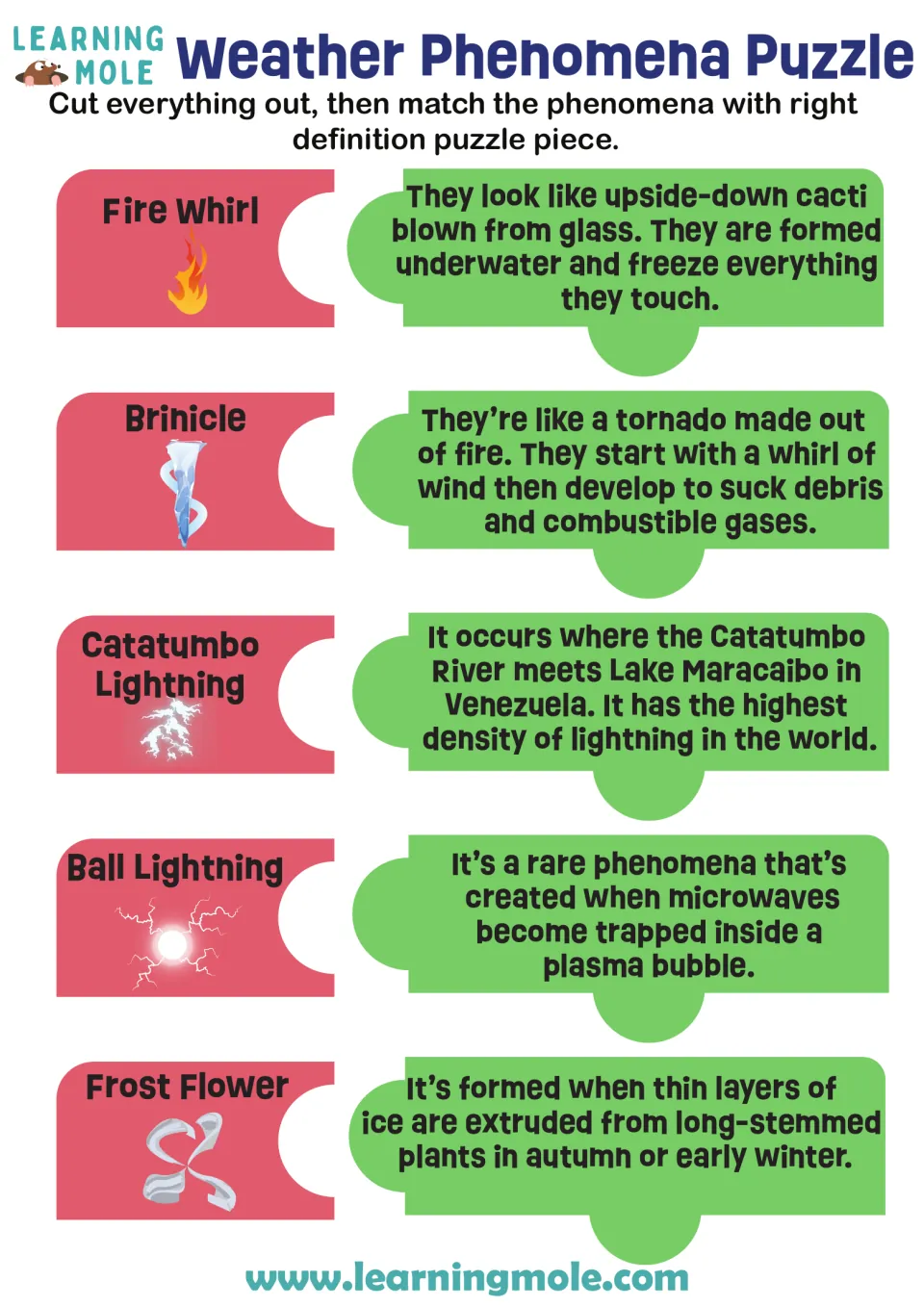 Weather phenomena matching: students cut out and match fire whirl, brinicle, ball lightning and more to definition pieces