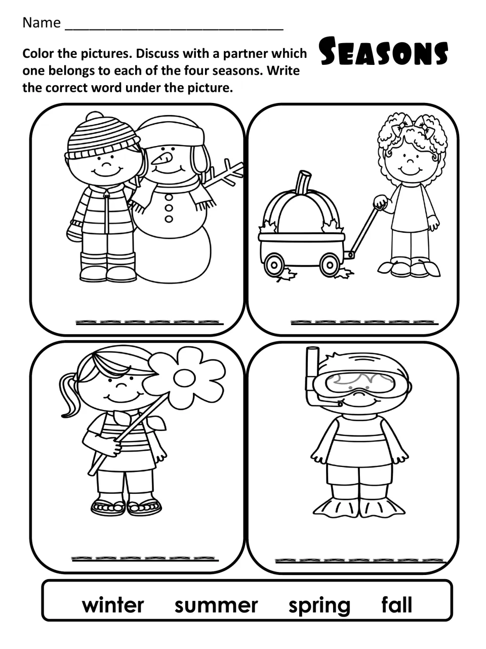 Seasons coloring: students color four scenes, talk with a partner, then write winter, summer, spring or fall under each