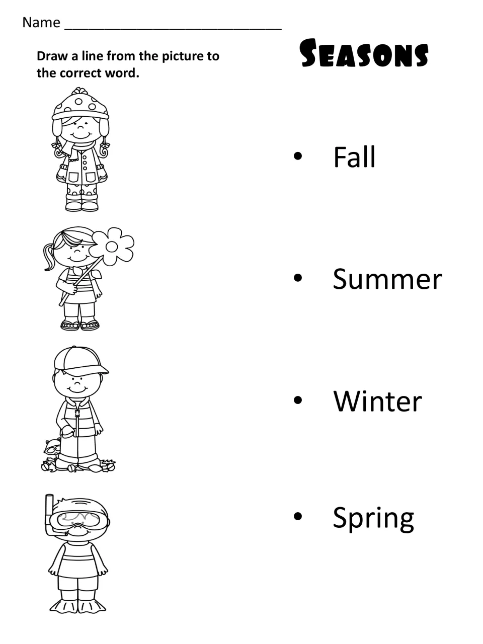 Seasons matching: students draw a line from each child dressed for the weather to Fall, Summer, Winter or Spring