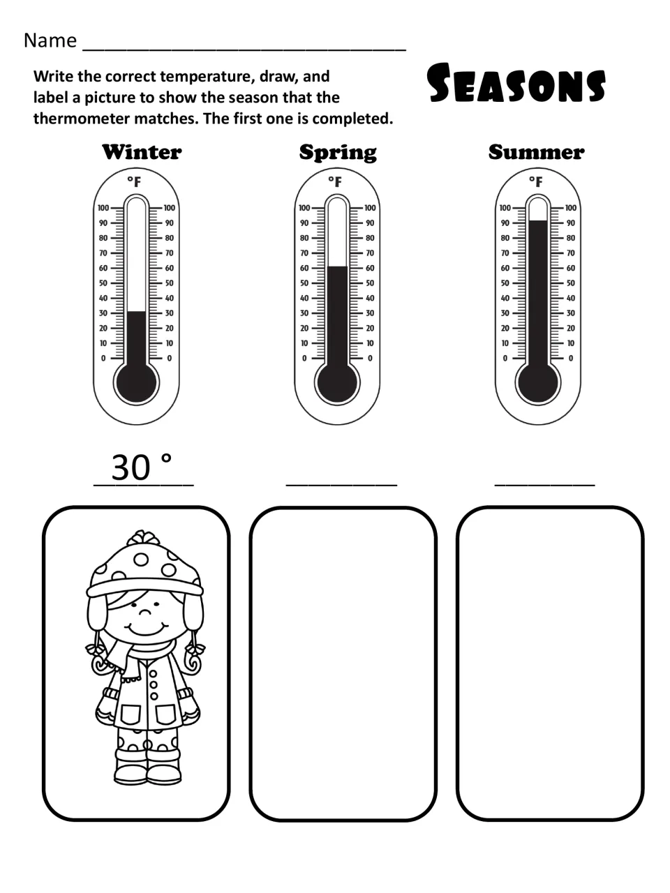 Seasons and temperature: students read winter, spring and summer thermometers, write the degrees and draw each season