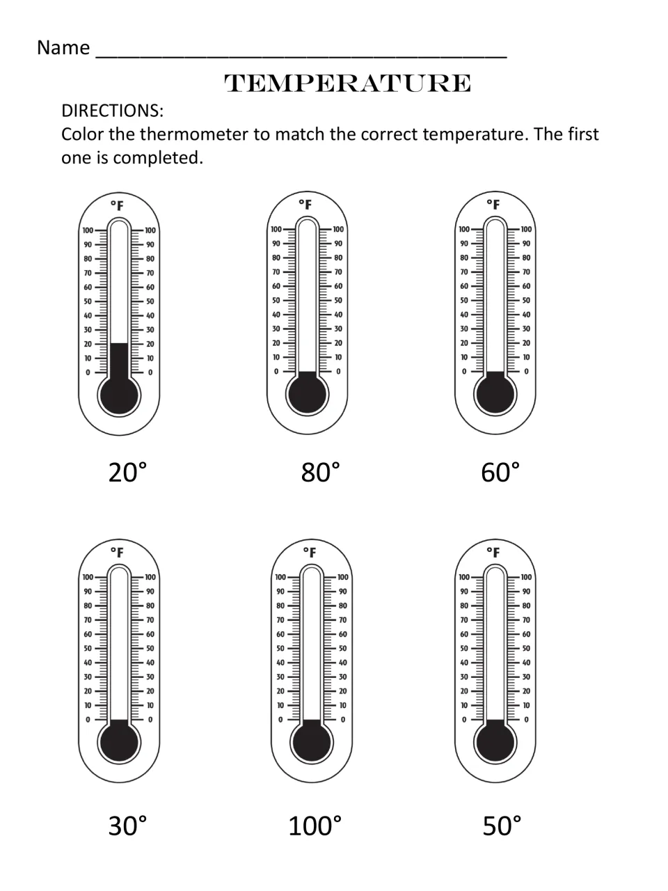 Temperature practice: students color six thermometers to show 20, 80, 60, 30, 100 and 50 degrees Fahrenheit