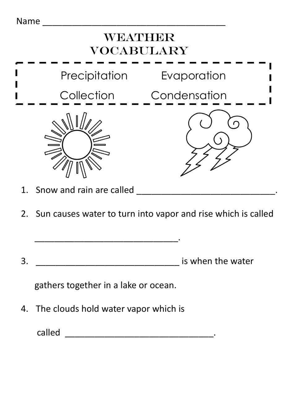 Water cycle fill in the blank: students use a four-word bank to complete sentences on rain, vapor, lakes and clouds