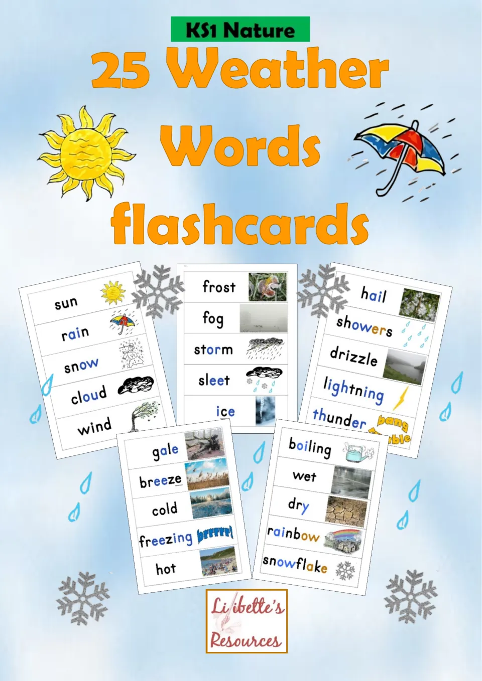 Cover of 25 Weather Words flashcards (KS1 Nature) showing card sheets from sun, rain and snow to rainbow and snowflake