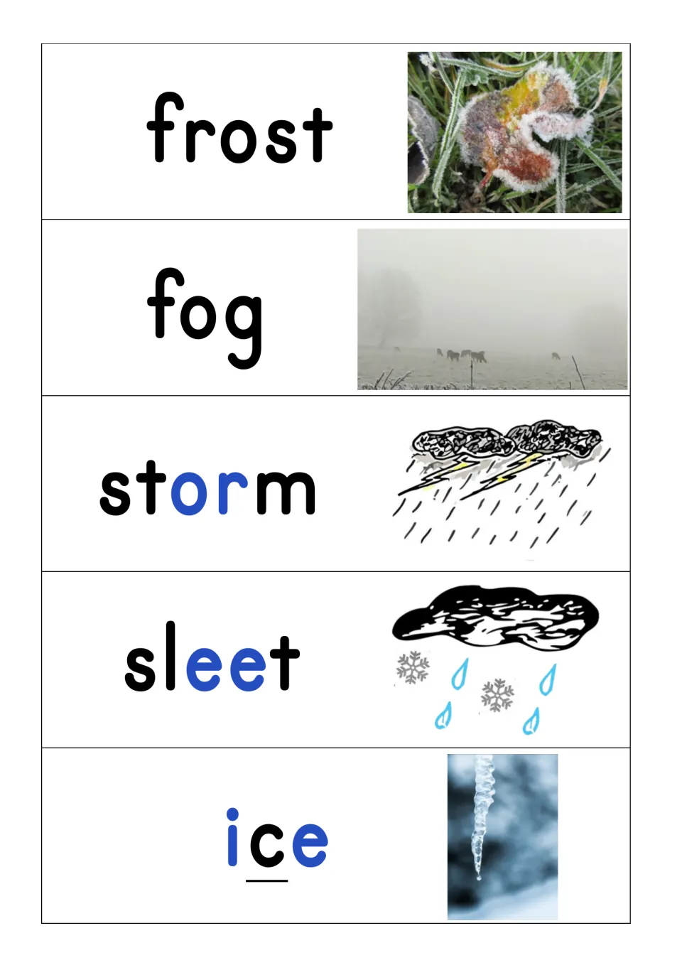 Cold weather words frost, fog, storm, sleet and ice: students match each word to its photo or drawing; vowels in blue