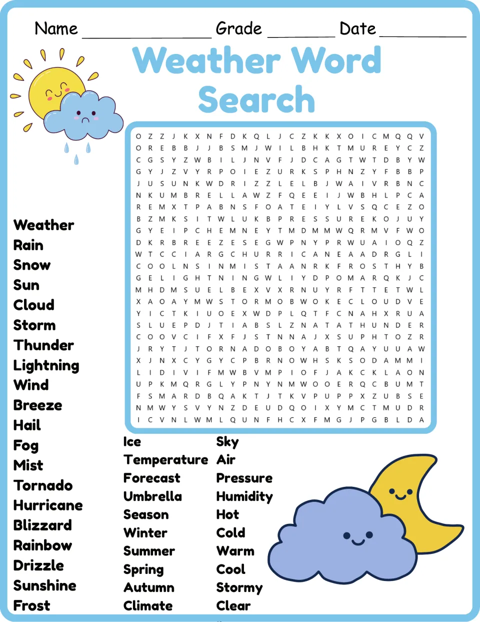 Weather vocabulary puzzle in color: students find and circle 40 words such as tornado, forecast, humidity and frost