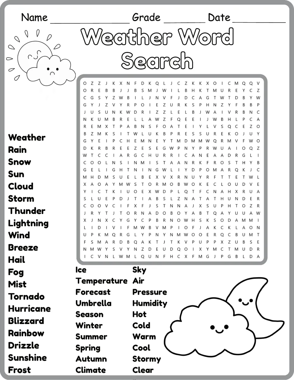 Black-and-white weather word hunt: students search for 40 terms like hurricane, drizzle, climate and season to circle