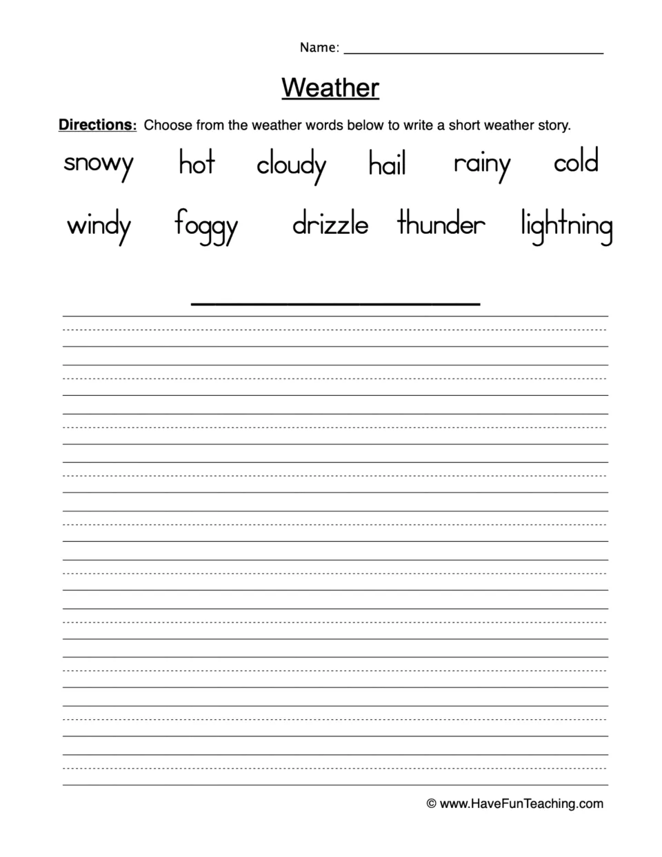 Weather story writing: students pick from 11 weather words like snowy, foggy, drizzle and thunder to write a titled story