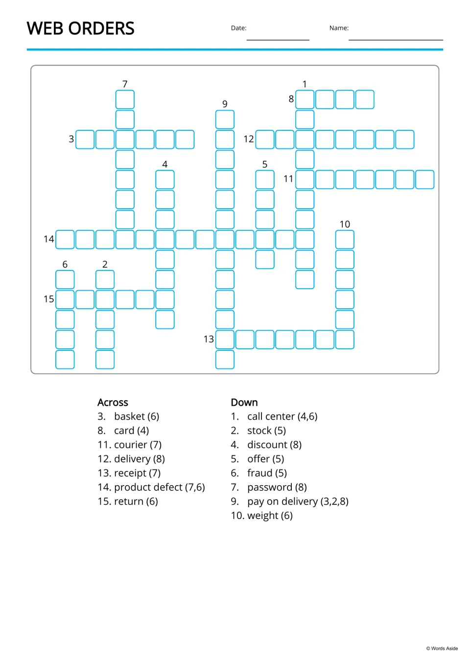 Copy-words crossword for 15 shopping terms, with basket, card, courier, and delivery among the across entries