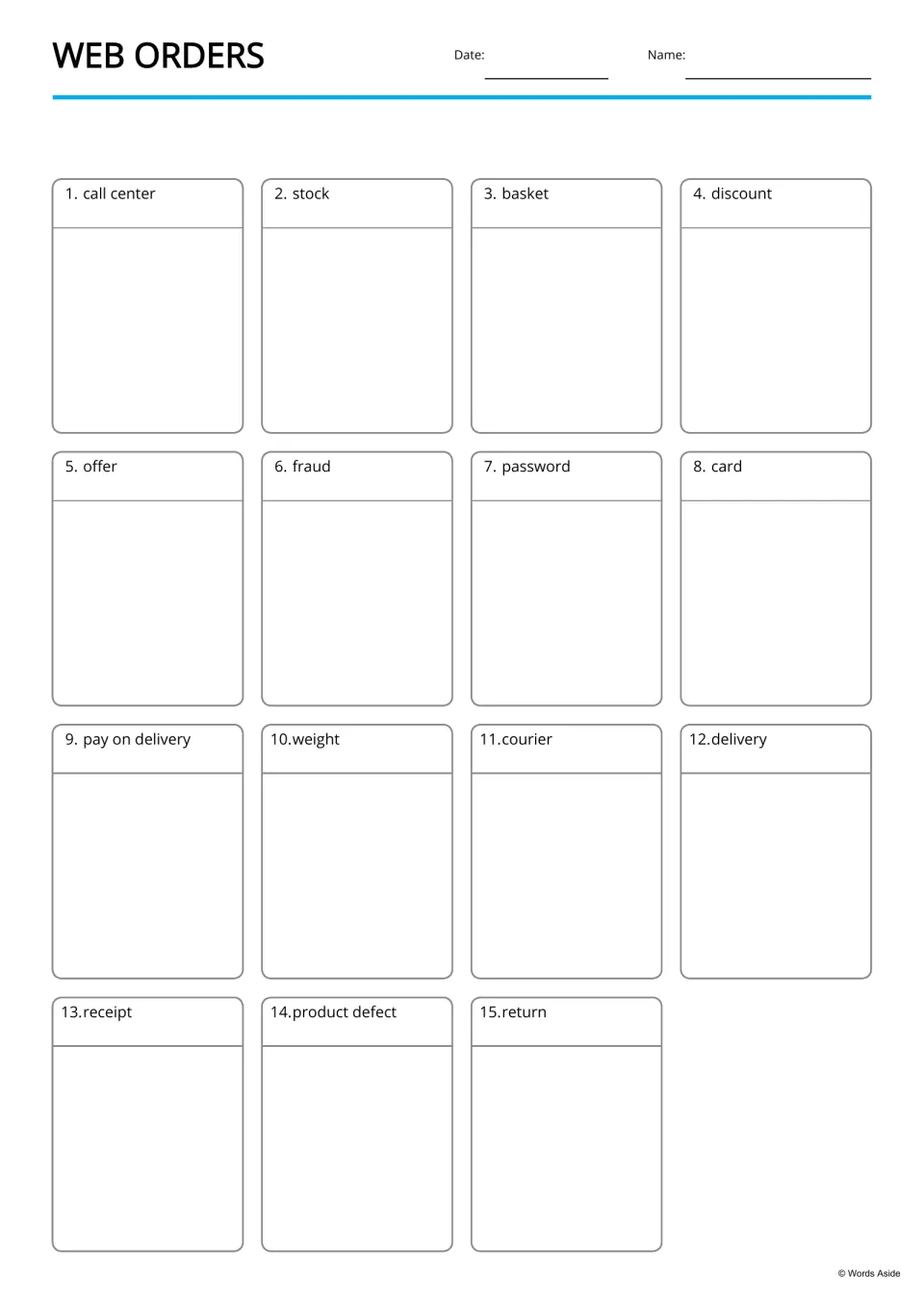 Blank writing board for 15 shopping terms, including call center, stock, basket, discount, and product defect