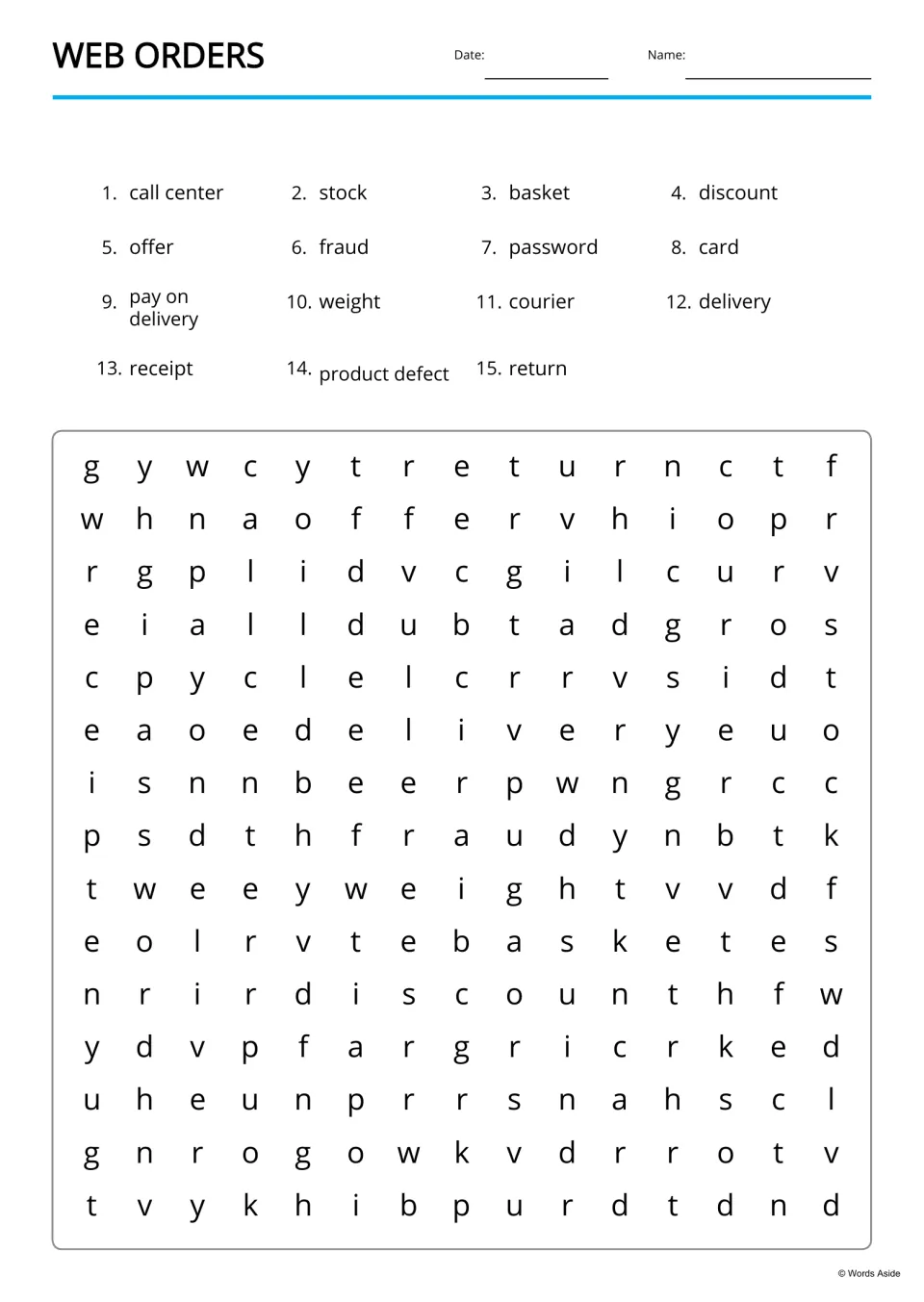Word search for 15 internet shopping terms, with a word list including password, courier, receipt, and return