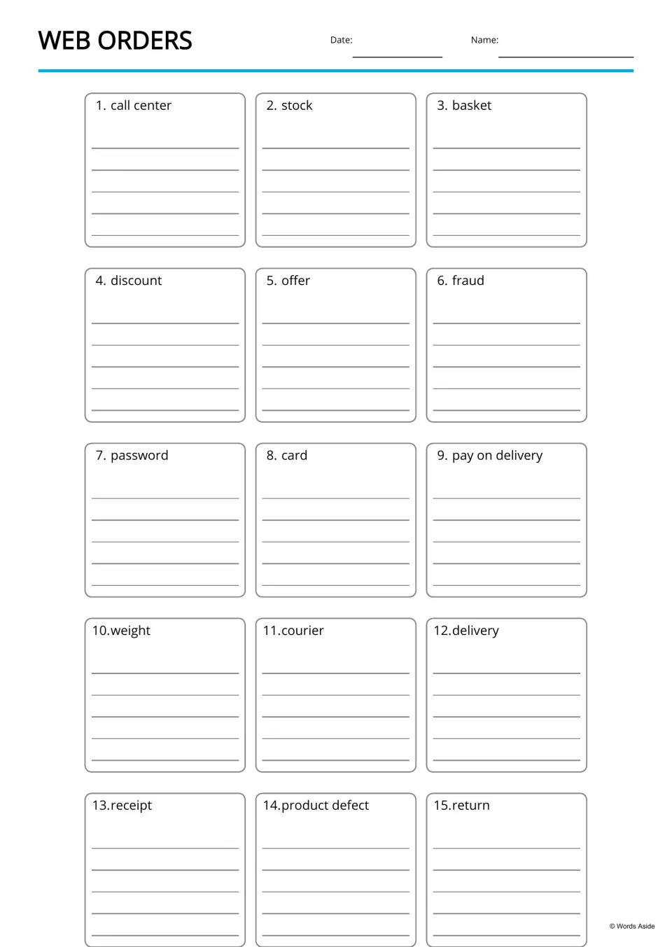 Lined writing board for all 15 shopping terms, including password, card, pay on delivery, weight, and courier