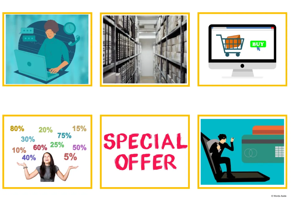 Shopping picture flashcards 1–6 represent call center, stock, basket, discount, offer, and online fraud