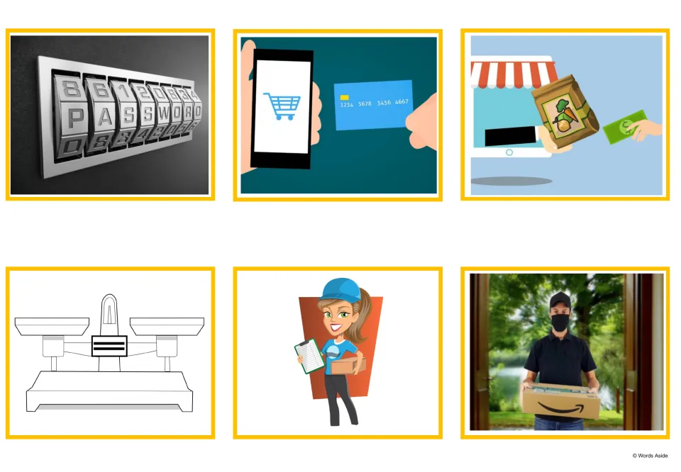 Shopping picture flashcards 7–12 represent password, card, pay on delivery, weight, courier, and delivery