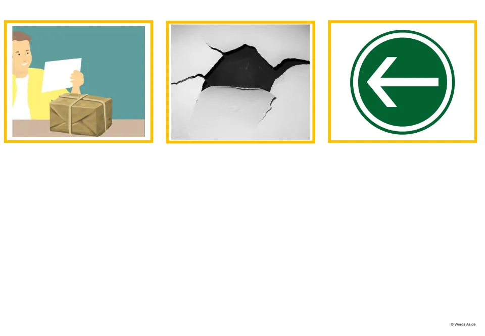 Shopping picture flashcards 13–15 represent receipt, product defect, and return with a left-pointing arrow