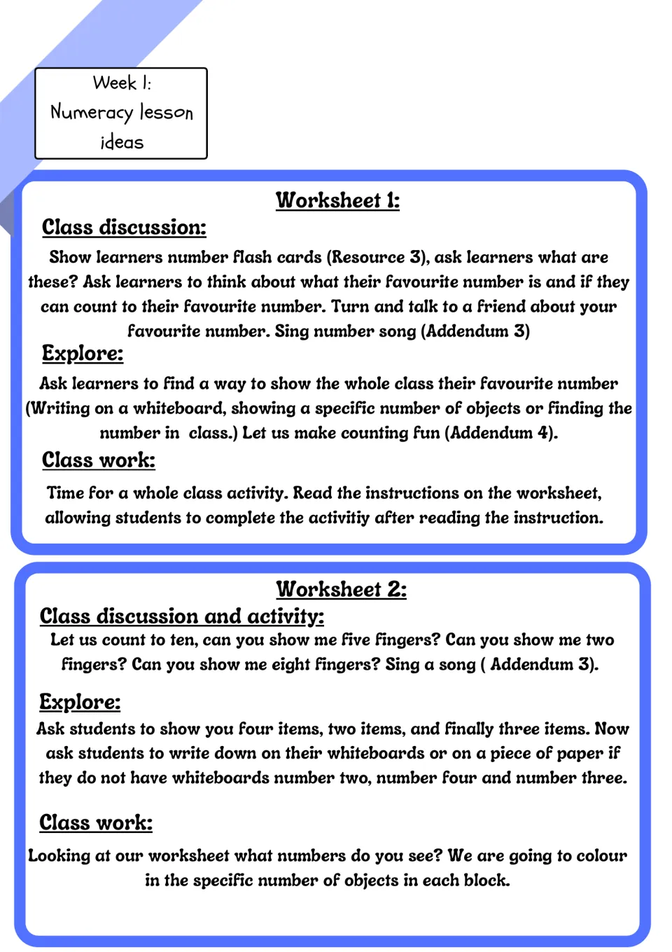 Numeracy lesson ideas for worksheets 1 and 2: favourite numbers, counting fingers and colouring sets of objects to match