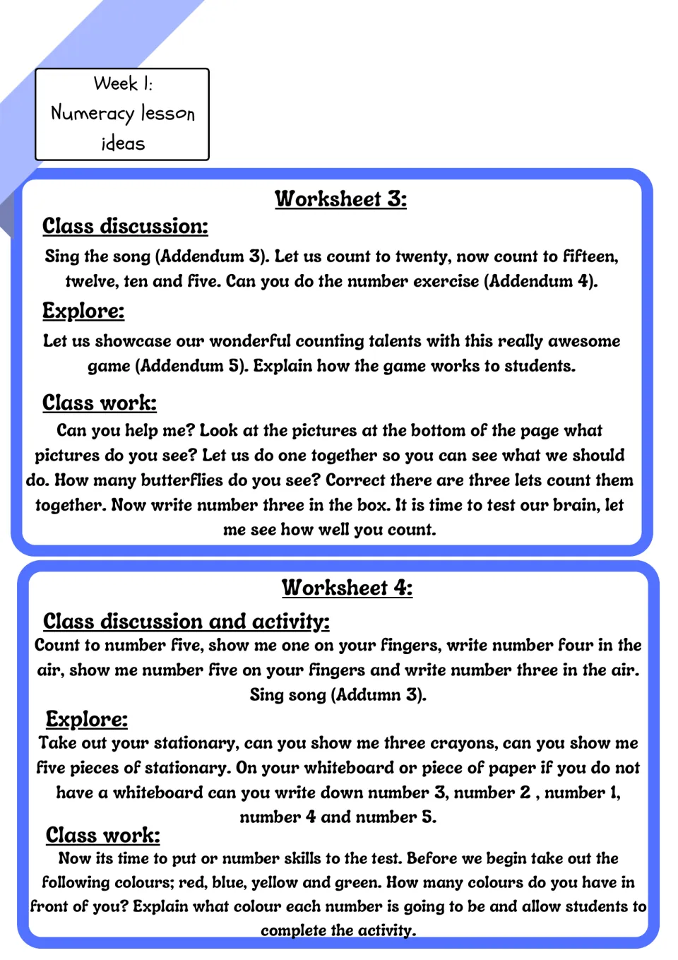 Numeracy lesson ideas for worksheets 3 and 4: counting to twenty, counting butterflies and colouring numbers 1 to 5