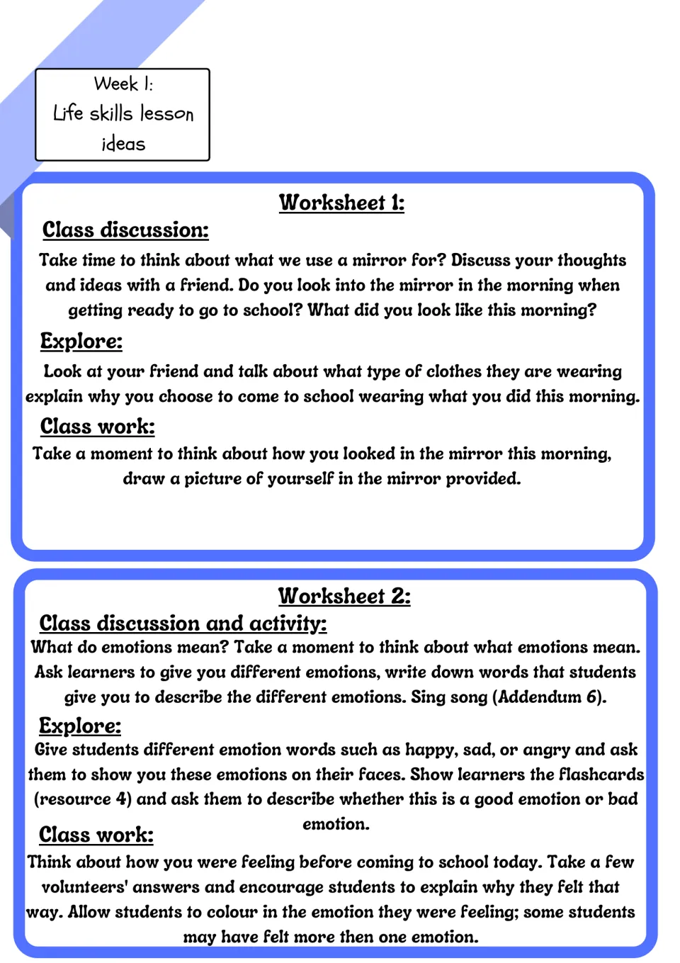 Life skills lesson ideas for worksheets 1 and 2: drawing yourself in a mirror and colouring the emotion you felt today