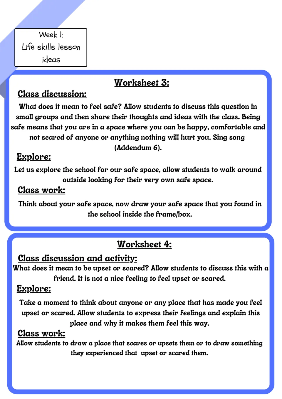 Life skills lesson ideas for worksheets 3 and 4: finding and drawing a safe space, then drawing a place that feels scary