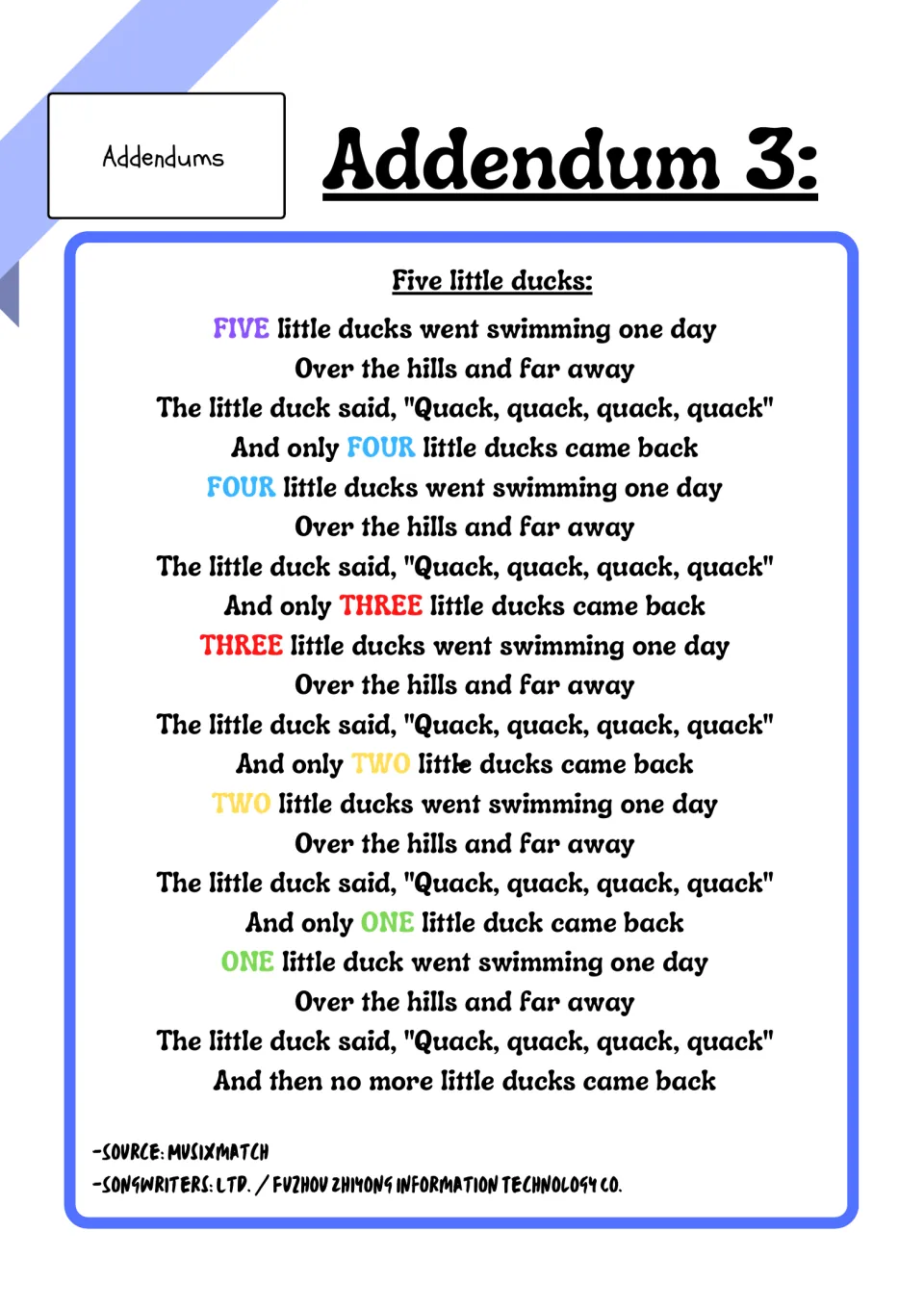 Five Little Ducks counting song lyrics, counting down from five to none with each number word printed in colour