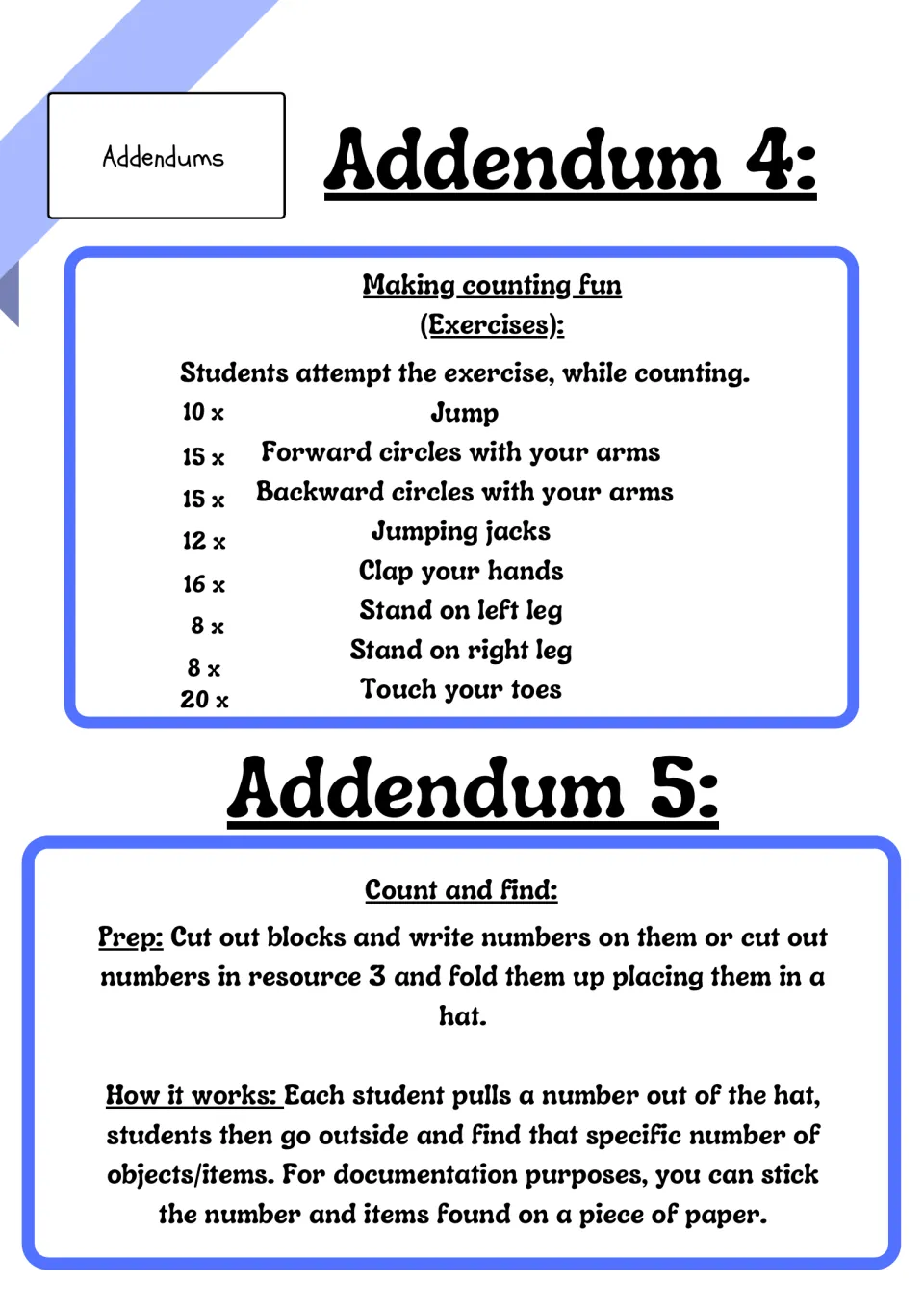 Counting games: a movement exercise list such as 10 jumps and 12 jumping jacks, plus a count-and-find hunt with numbers