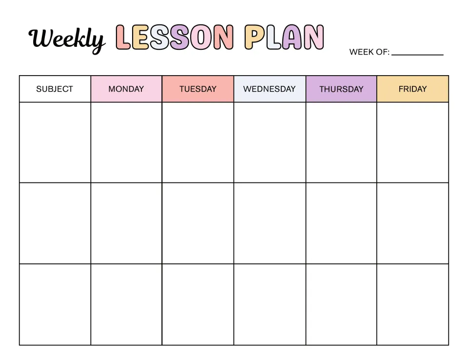 Weekly Lesson Plan template: teachers fill in three subjects and plan each one Monday through Friday, with a Week Of line