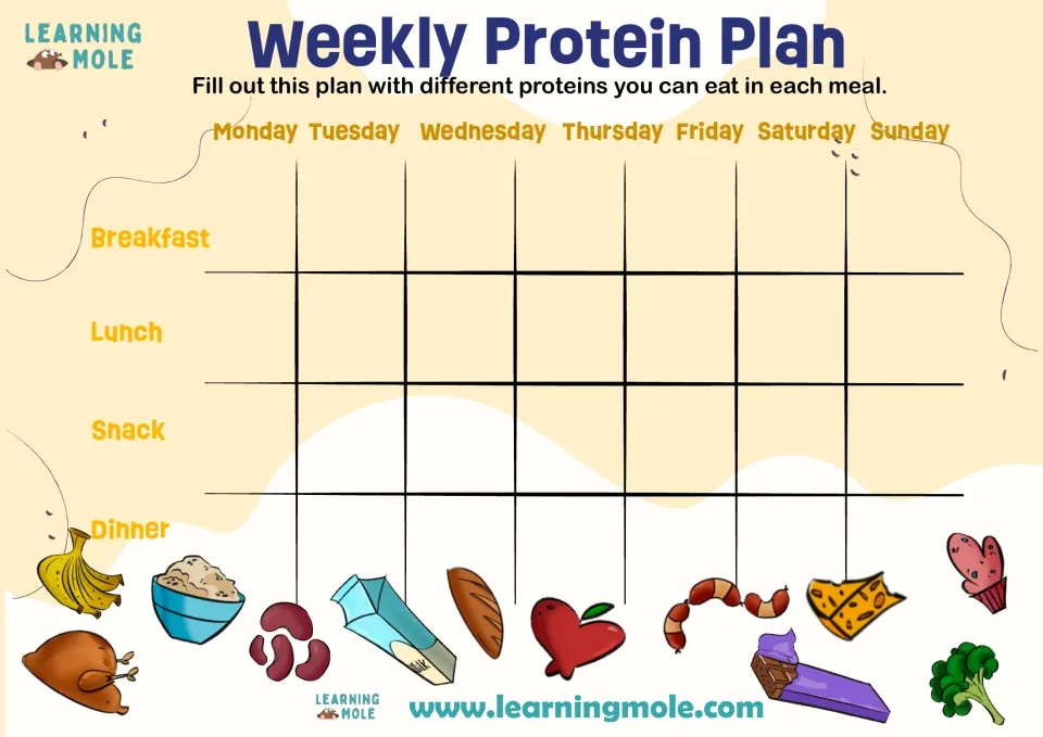 Protein meal planning: students fill in a protein food for breakfast, lunch, snack and dinner on each day of one week