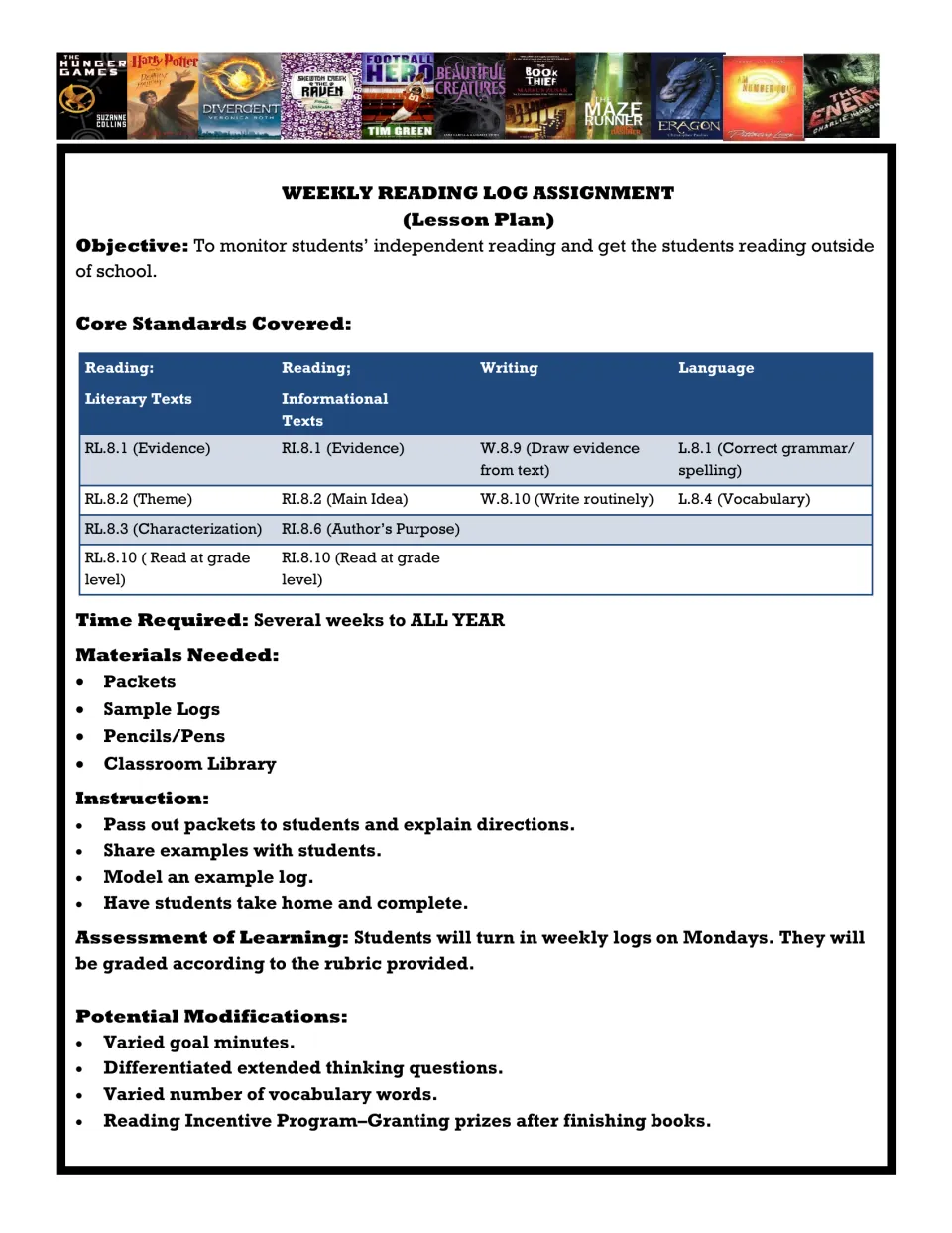 Reading log lesson plan: objective, RL.8 and RI.8 standard codes, materials, instruction steps and modification ideas