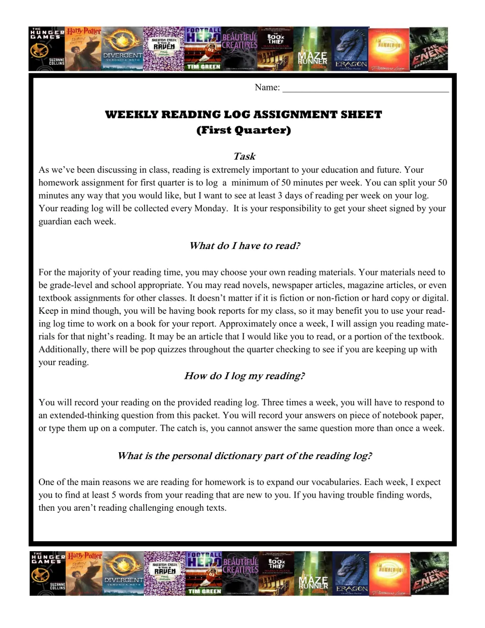 First-quarter assignment sheet telling students to log 50 minutes a week, answer questions and collect 5 new words