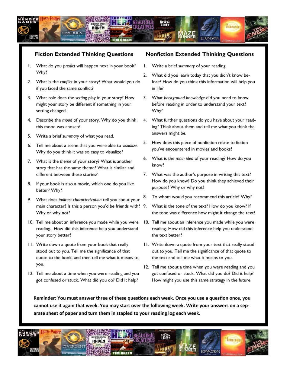 Fiction and nonfiction extended thinking questions: 12 prompts each on theme, mood, inference, main idea and purpose