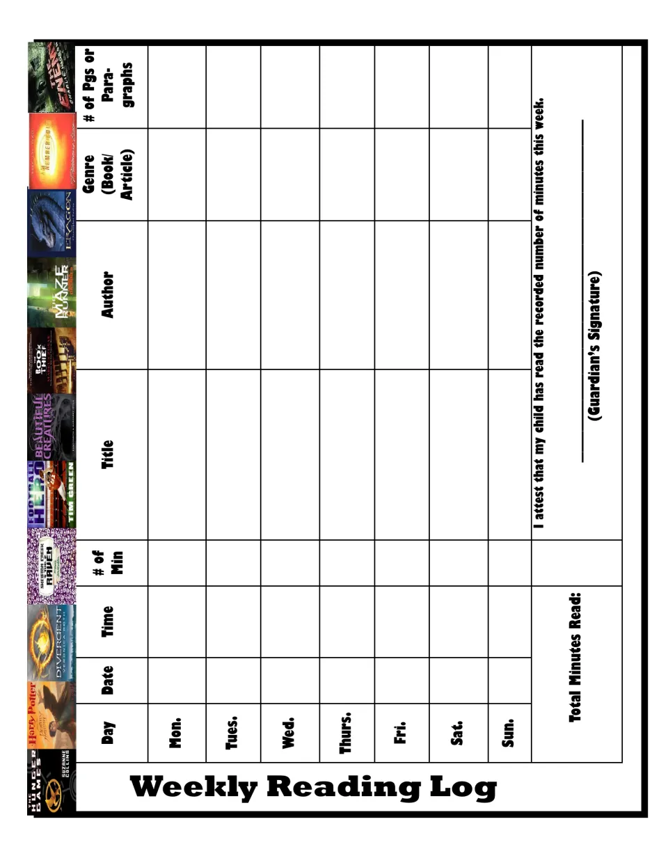 Weekly reading log: students record date, time, minutes, title, author, genre and pages for each day, Monday to Sunday