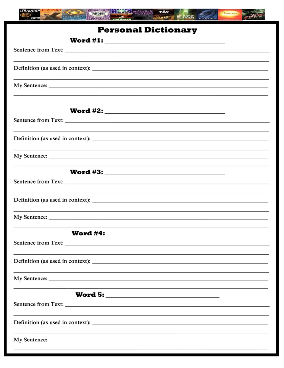 Personal dictionary: students record 5 new words with the sentence from the text, a context definition and own sentence