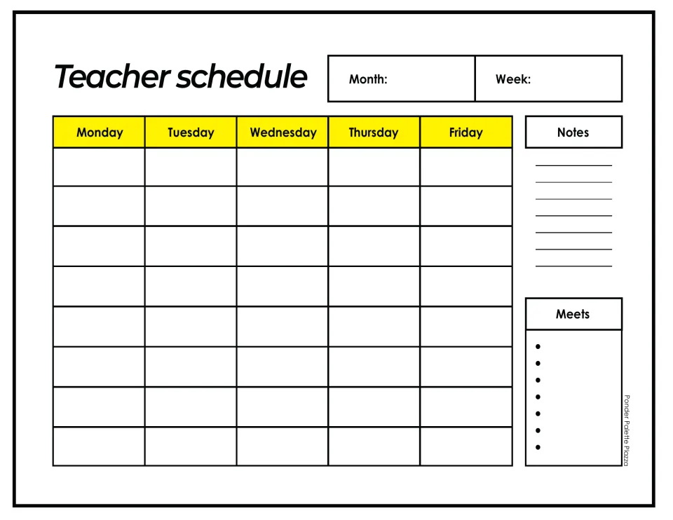 Teacher schedule for one school week: write lessons under Monday to Friday, fill in Month and Week, add Notes and Meets