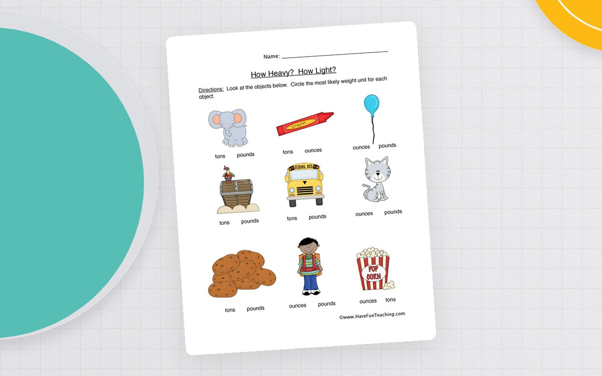 How Heavy? How Light? worksheet with pictured objects and ounces, pounds, or tons choices.