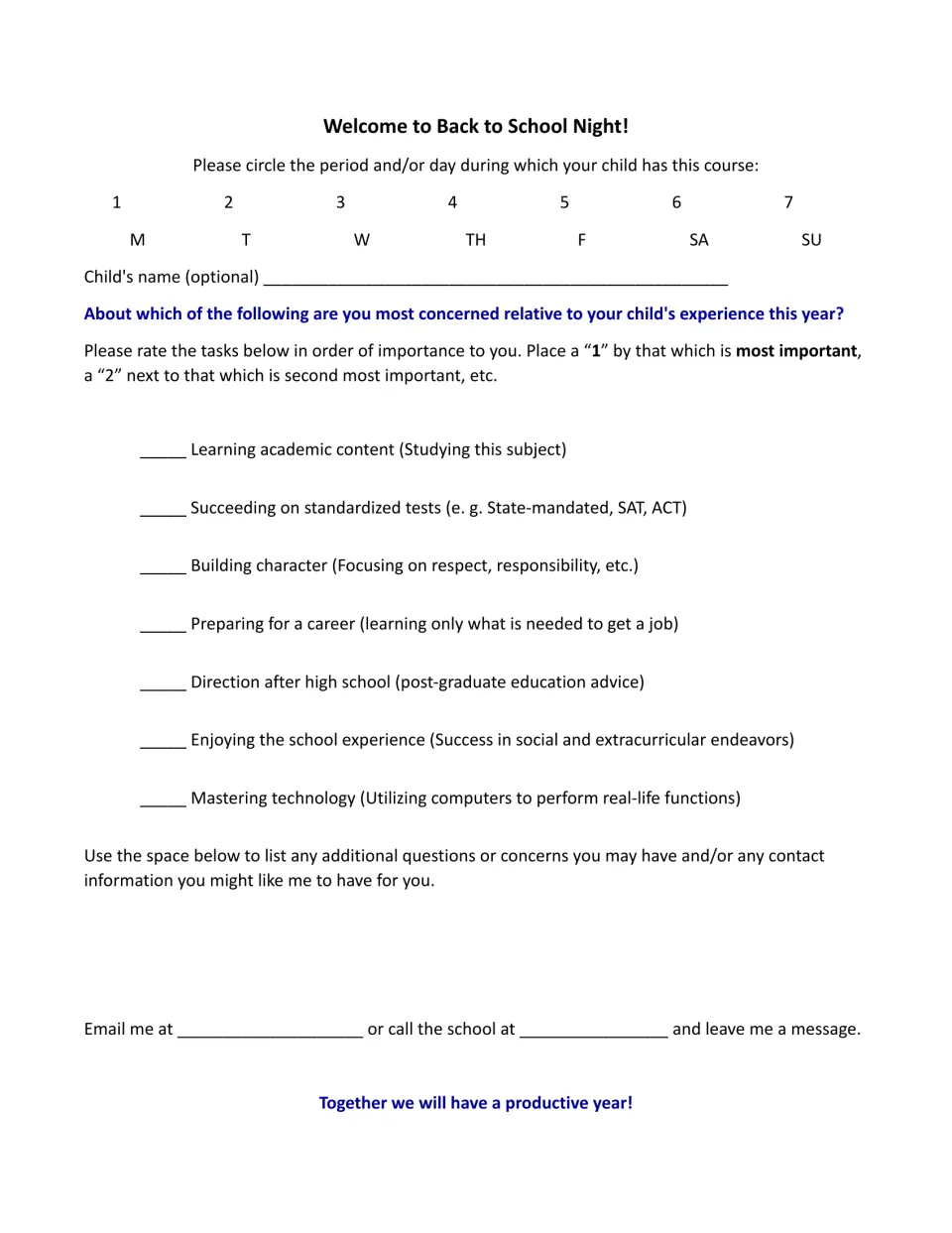 Parent questionnaire asking families to rank seven priorities, from academic content to technology.