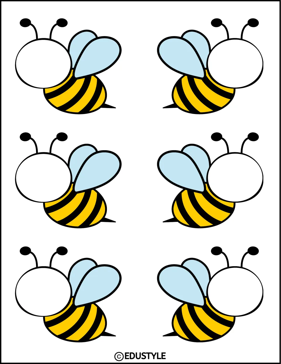 Six small bee decor pieces, three facing each direction, with blank faces for student names or photos