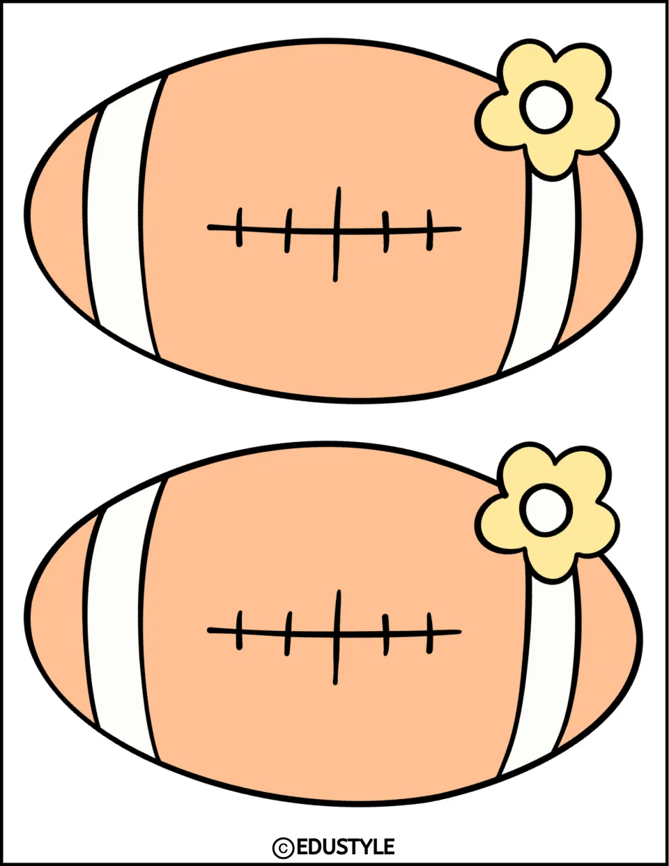 Rugby ball name tag sheet for the back-to-school decor kit, featuring two smaller peach balls without names