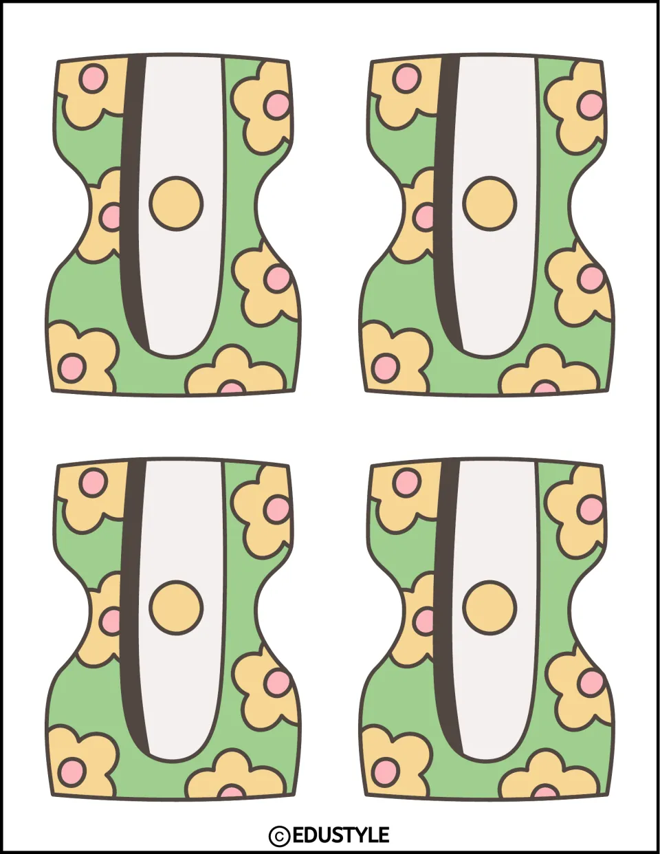 Pencil sharpener cutout sheet for the back-to-school decor kit, featuring four small green floral sharpeners